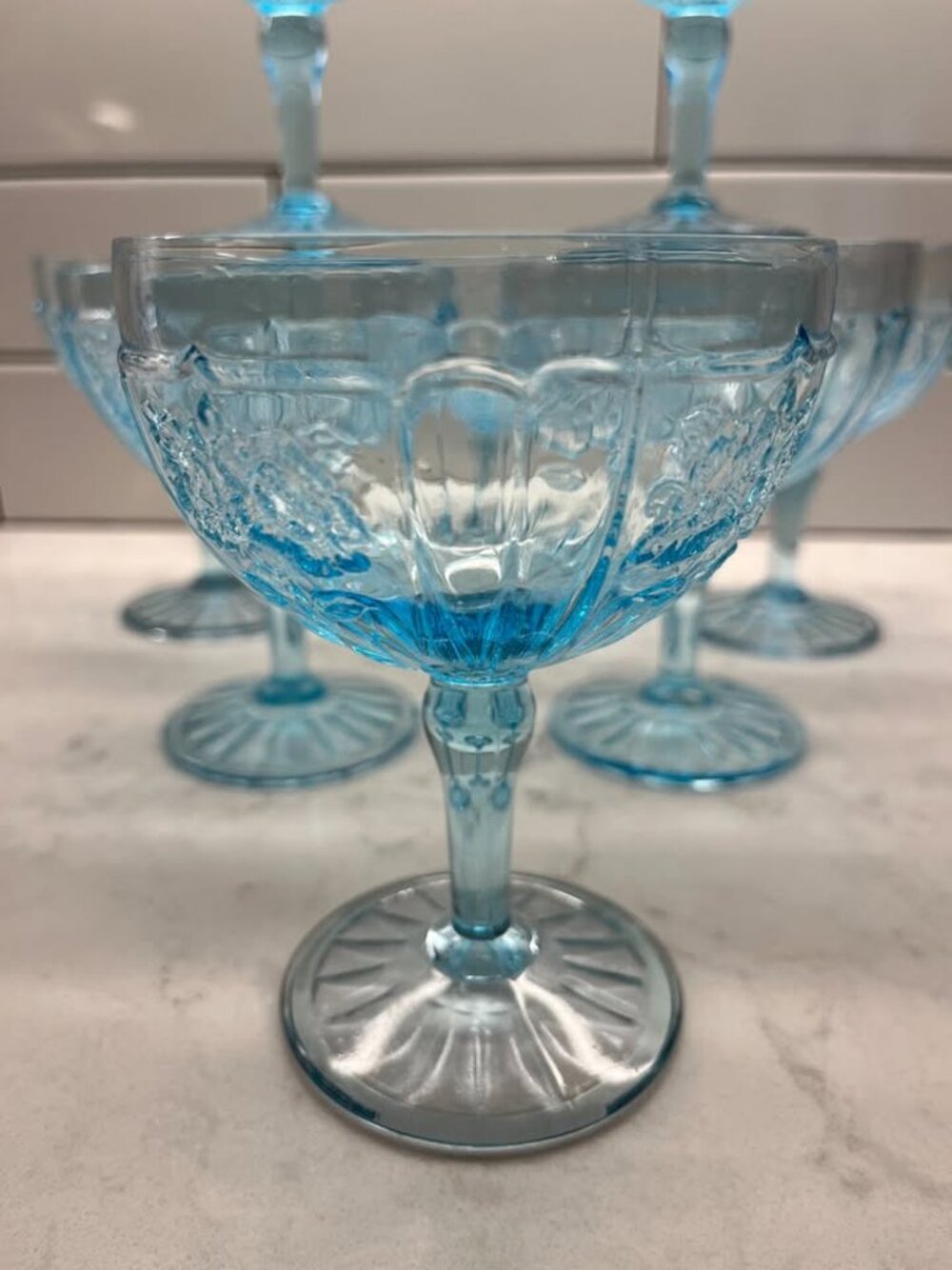 (8) Anchor Hocking Mayfair “Open Rose” Ice Blue FOOTED TALL SHERBET GLASSES